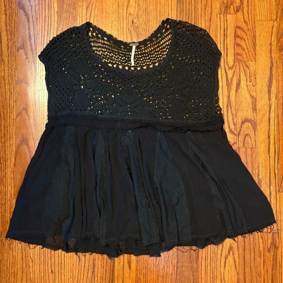 Free People Tops - FREE PEOPLE Black Crochet Knit Top with Sheer Chiffon Hem – Size L